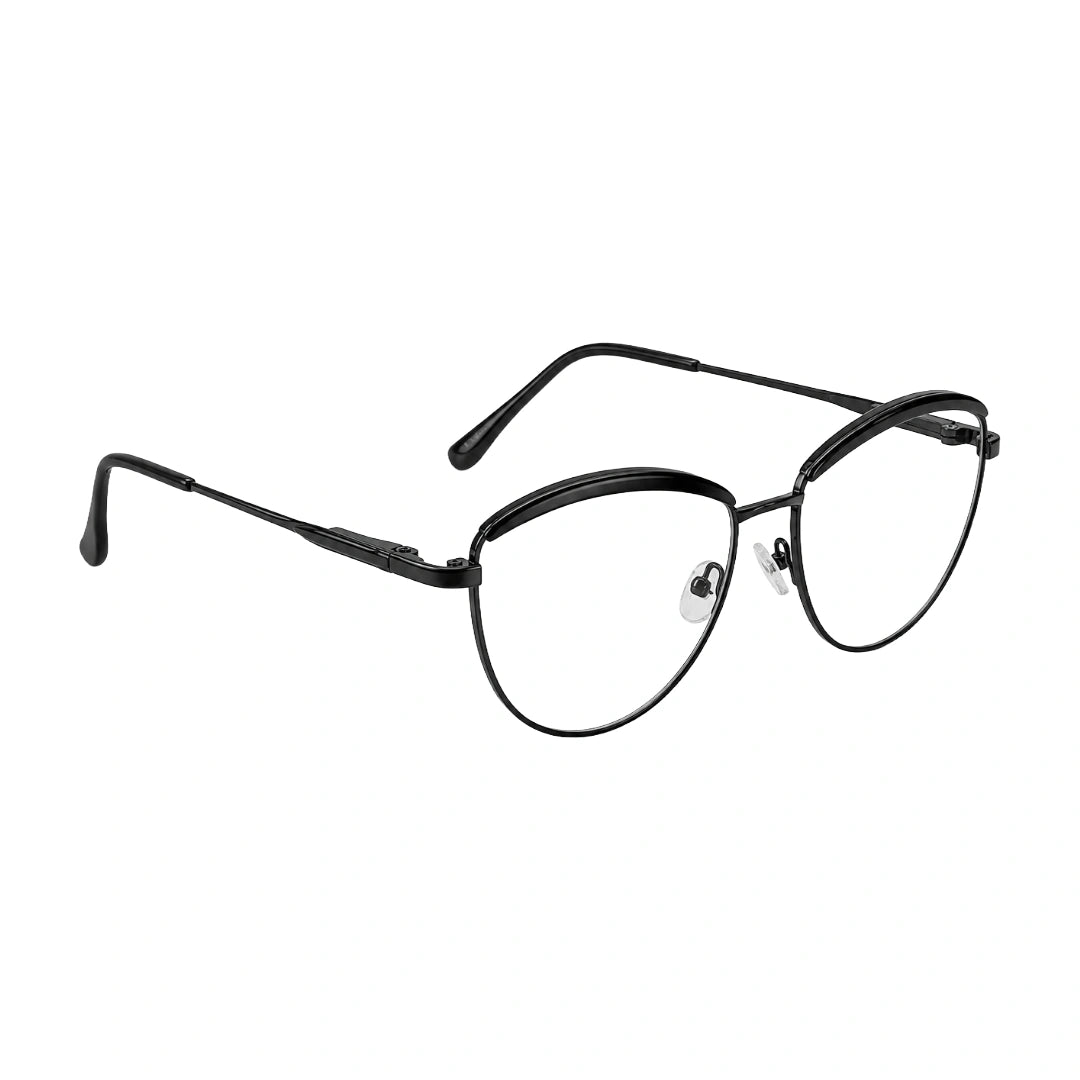 College Fashion 66110 sculpted brow cat-eye optical frame in glossy black, angled view