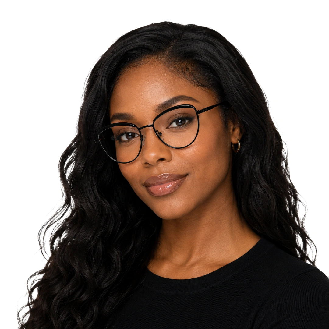Woman wearing College Fashion 66110 sculpted brow cat-eye optical frame in glossy black