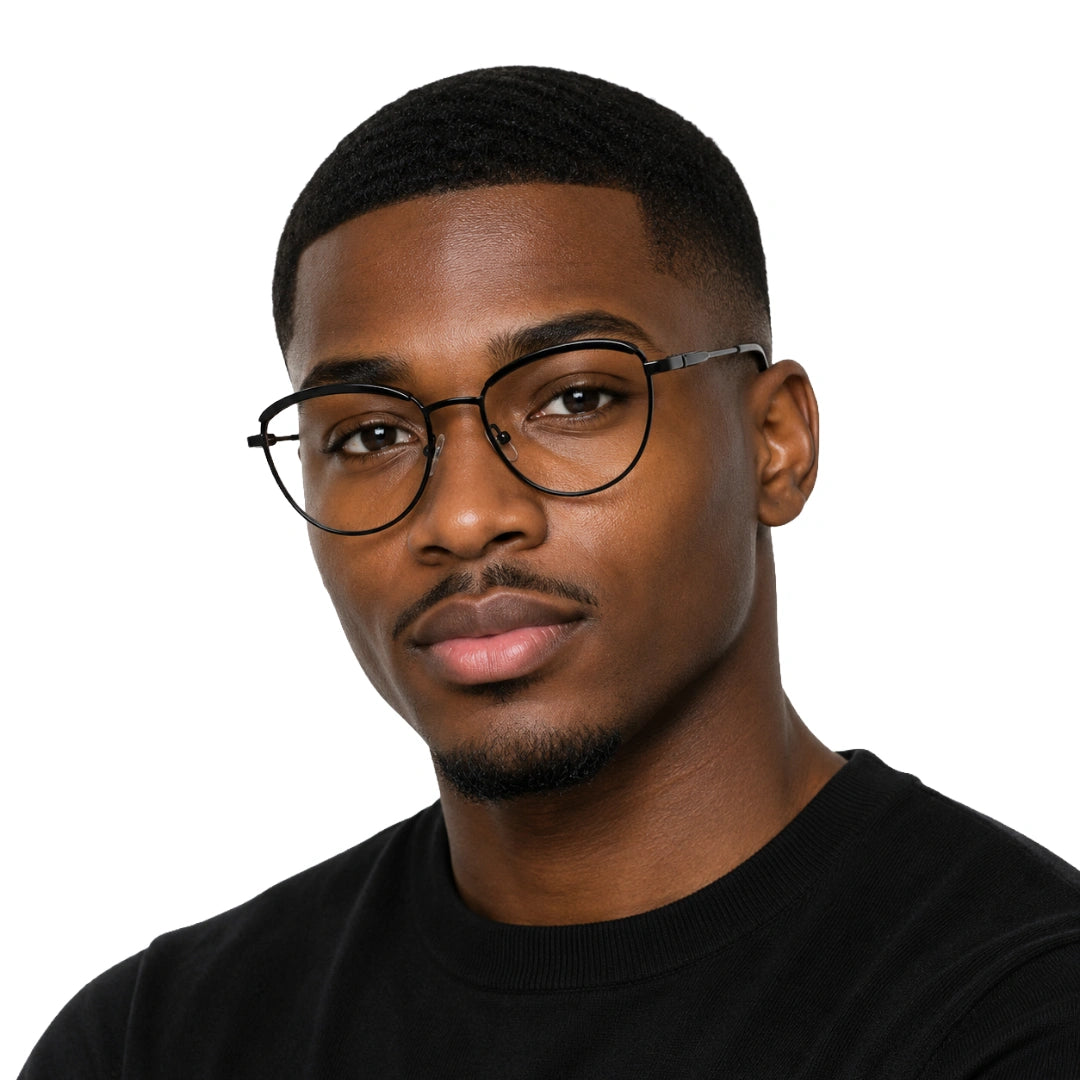 Man wearing College Fashion 66110 sculpted brow cat-eye optical frame in glossy black