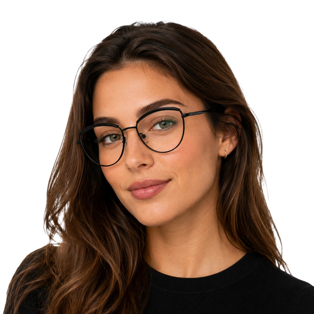 Woman wearing College Fashion 66110 sculpted brow cat-eye optical frame in glossy black, front view