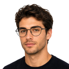 Man wearing College Fashion 66110 sculpted brow cat-eye optical frame in glossy black, front view