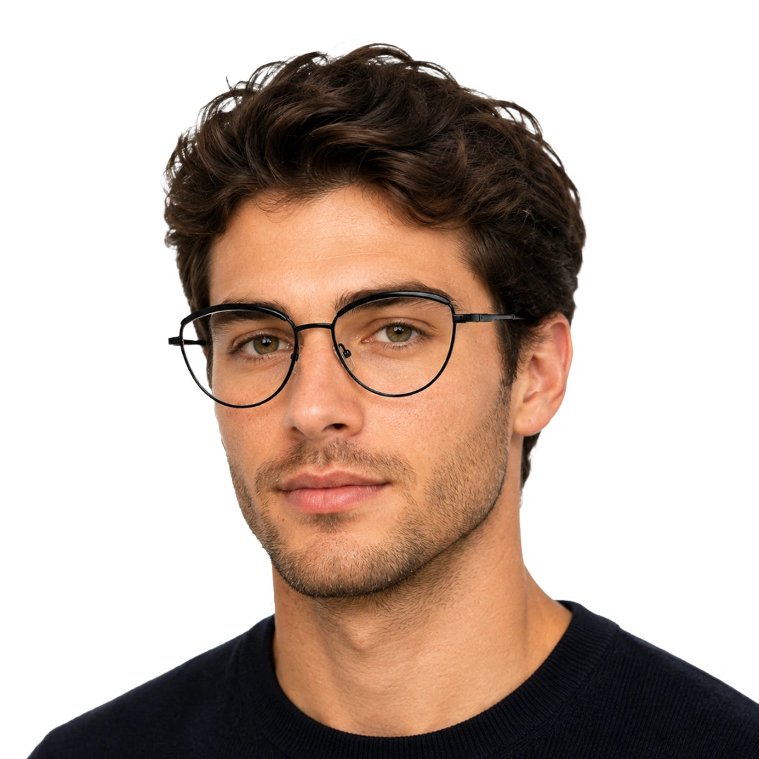 Man wearing College Fashion 66110 sculpted brow cat-eye optical frame in glossy black, front view