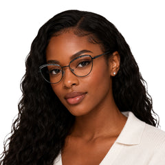 Woman wearing College Fashion 66110 sculpted brow cat-eye optical frame in gradient black
