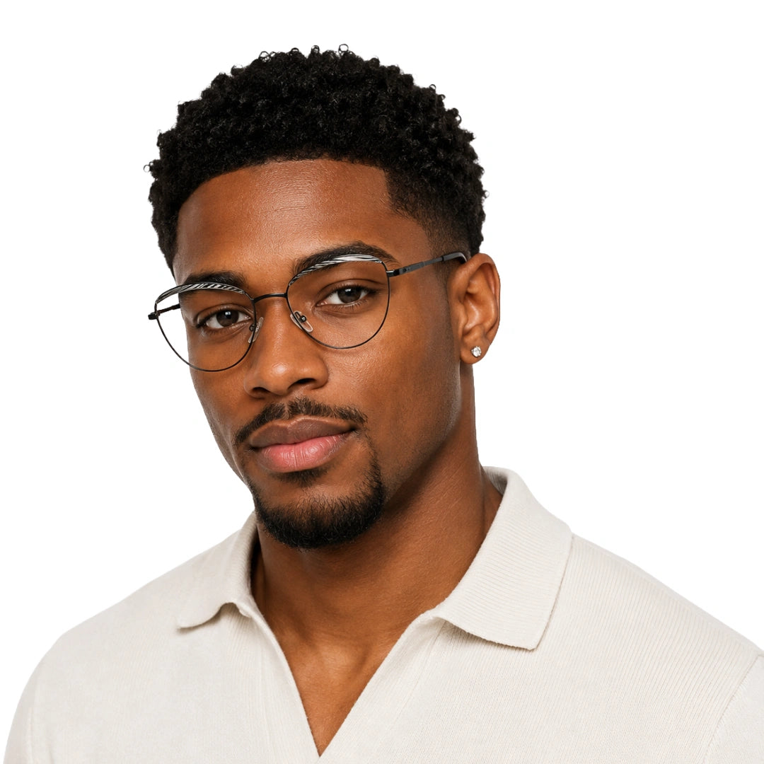 Man wearing College Fashion 66110 sculpted brow cat-eye optical frame in gradient black