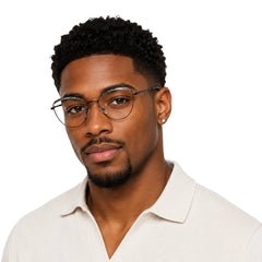 Man wearing College Fashion 66110 sculpted brow cat-eye optical frame in gradient black
