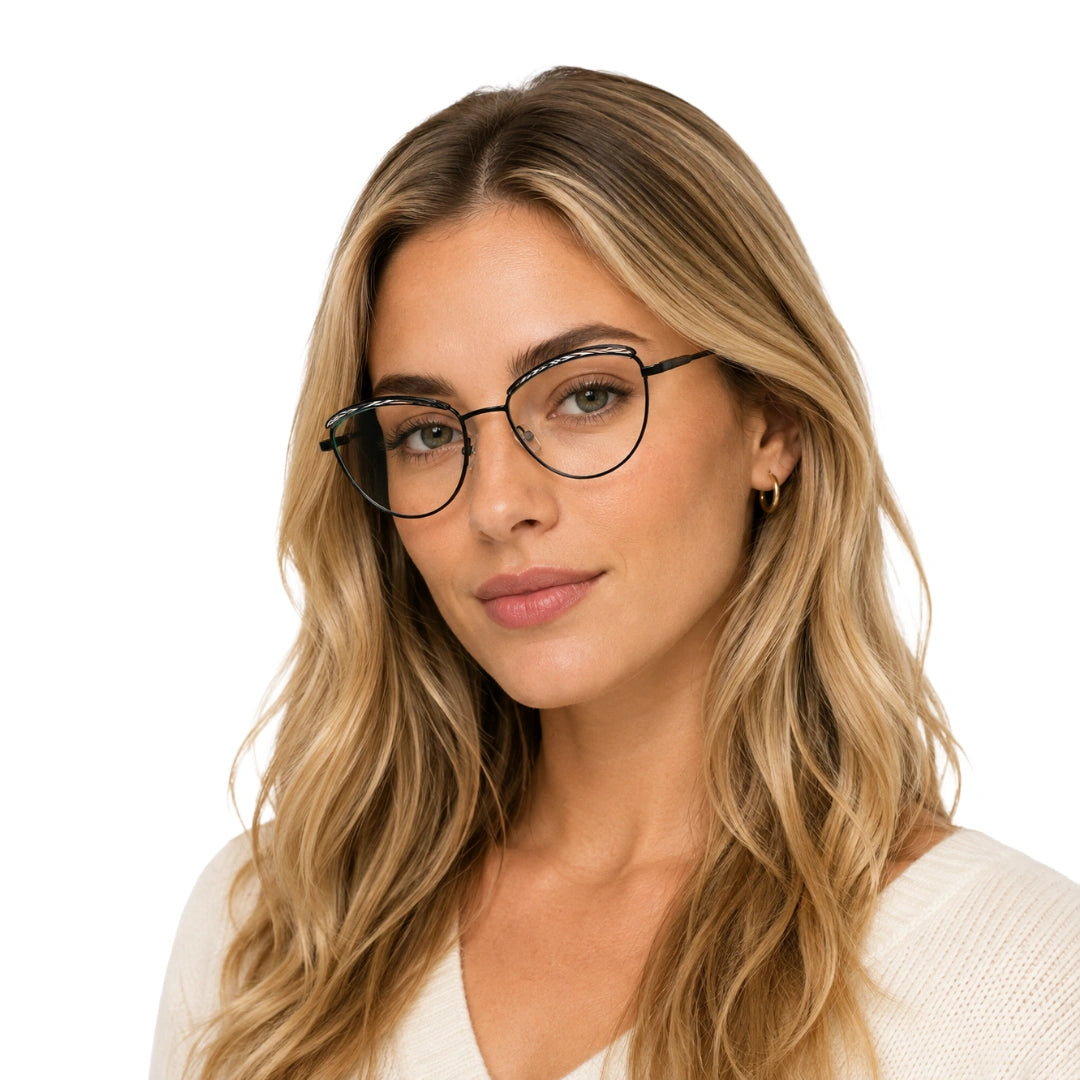 Woman wearing College Fashion 66110 sculpted brow cat-eye optical frame in gradient black, front view
