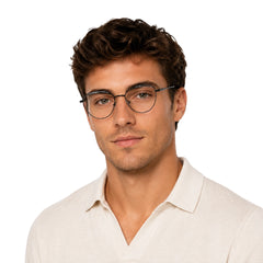 Man wearing College Fashion 66110 sculpted brow cat-eye optical frame in gradient black, front view
