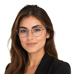 Woman wearing College Fashion 66110 sculpted brow cat-eye optical frame in grey