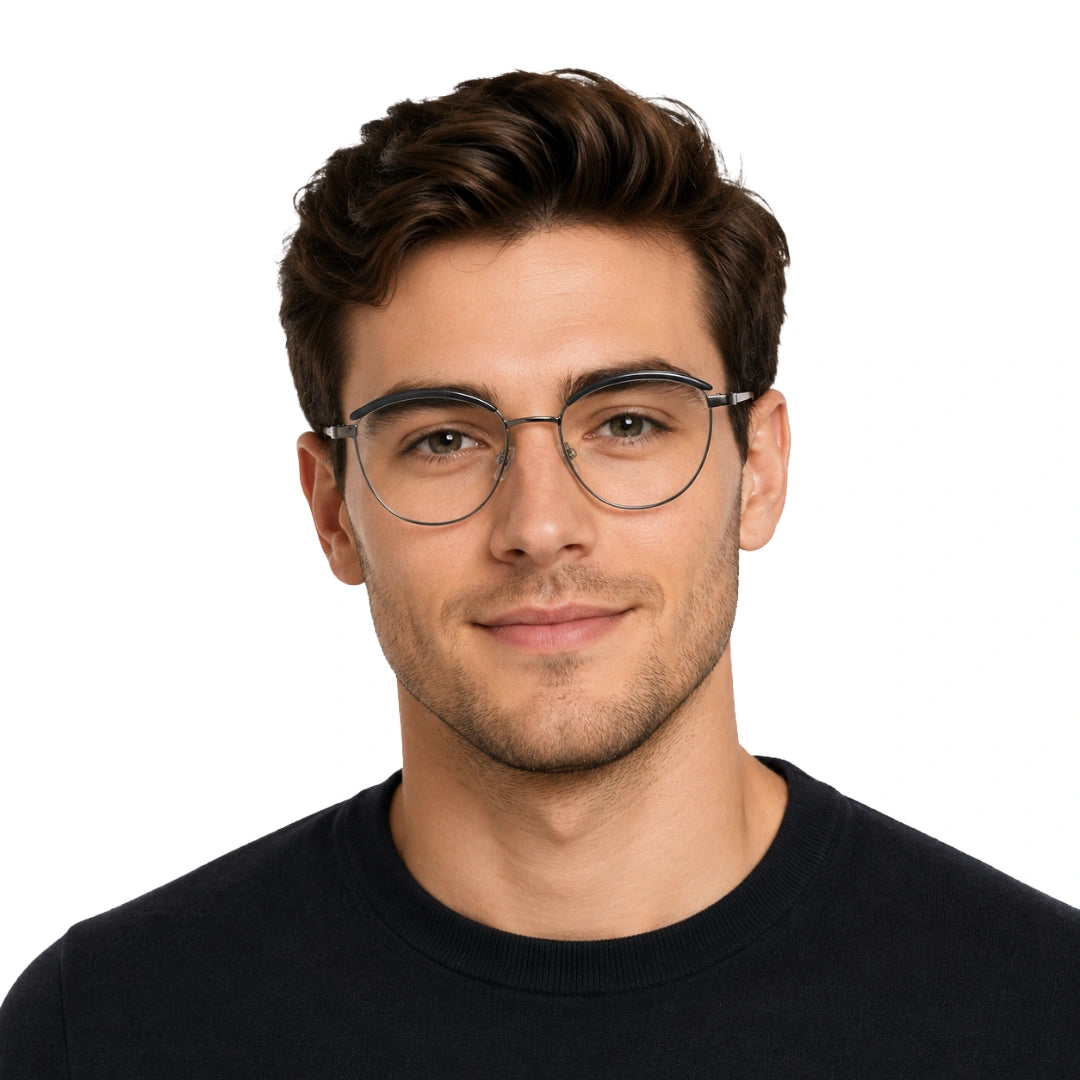 Man wearing College Fashion 66110 sculpted brow cat-eye optical frame in grey
