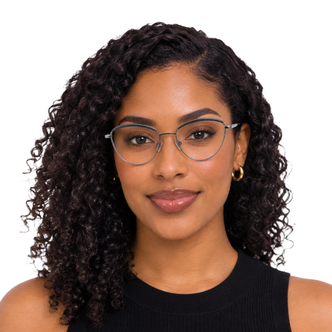 Woman wearing College Fashion 66110 sculpted brow cat-eye optical frame in grey, front view