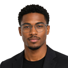 Man wearing College Fashion 66110 sculpted brow cat-eye optical frame in grey, front view