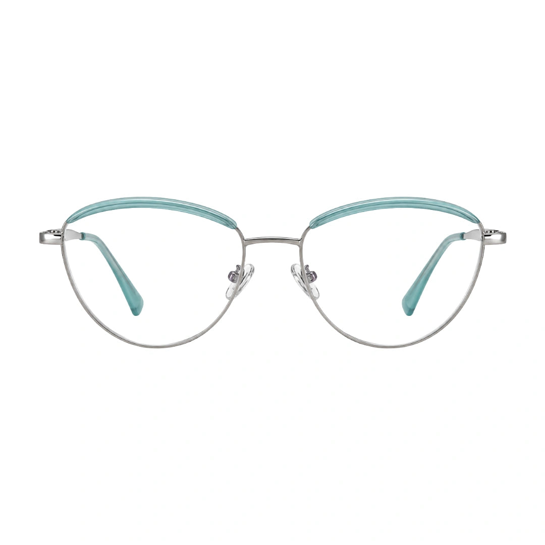 College Fashion 66110 sculpted brow cat-eye optical frame in silver and sky blue, front view
