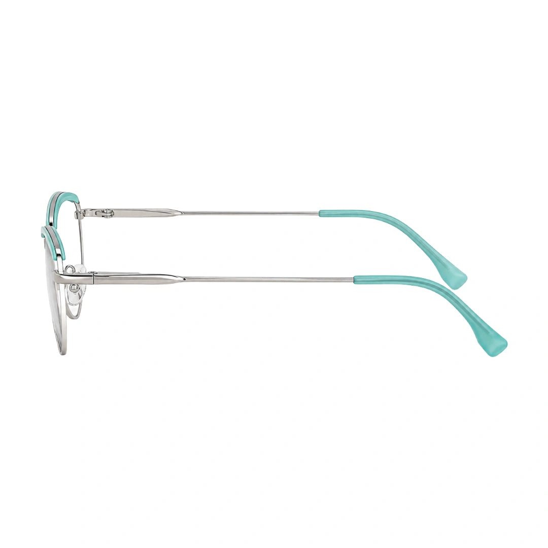 College Fashion 66110 sculpted brow cat-eye optical frame in silver and sky blue, side profile view
