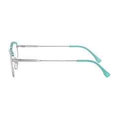 College Fashion 66110 sculpted brow cat-eye optical frame in silver and sky blue, side profile view