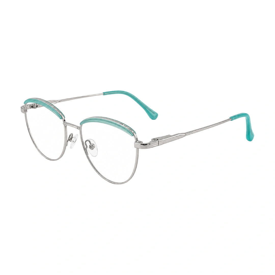 College Fashion 66110 sculpted brow cat-eye optical frame in silver and sky blue, three-quarter angled view