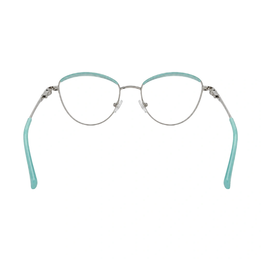 College Fashion 66110 sculpted brow cat-eye optical frame in silver and sky blue, rear view