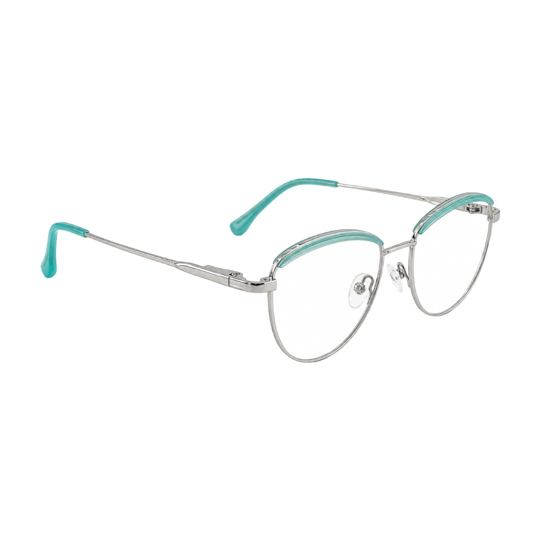 College Fashion 66110 sculpted brow cat-eye optical frame in silver and sky blue, angled view