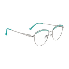 College Fashion 66110 sculpted brow cat-eye optical frame in silver and sky blue, angled view