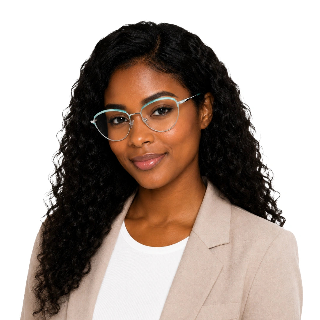 Woman wearing College Fashion 66110 sculpted brow cat-eye optical frame in silver and sky blue