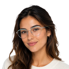 Woman wearing College Fashion 66110 sculpted brow cat-eye optical frame in silver and sky blue, front view