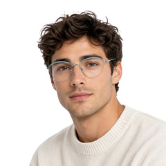Man wearing College Fashion 66110 sculpted brow cat-eye optical frame in silver and sky blue, front view
