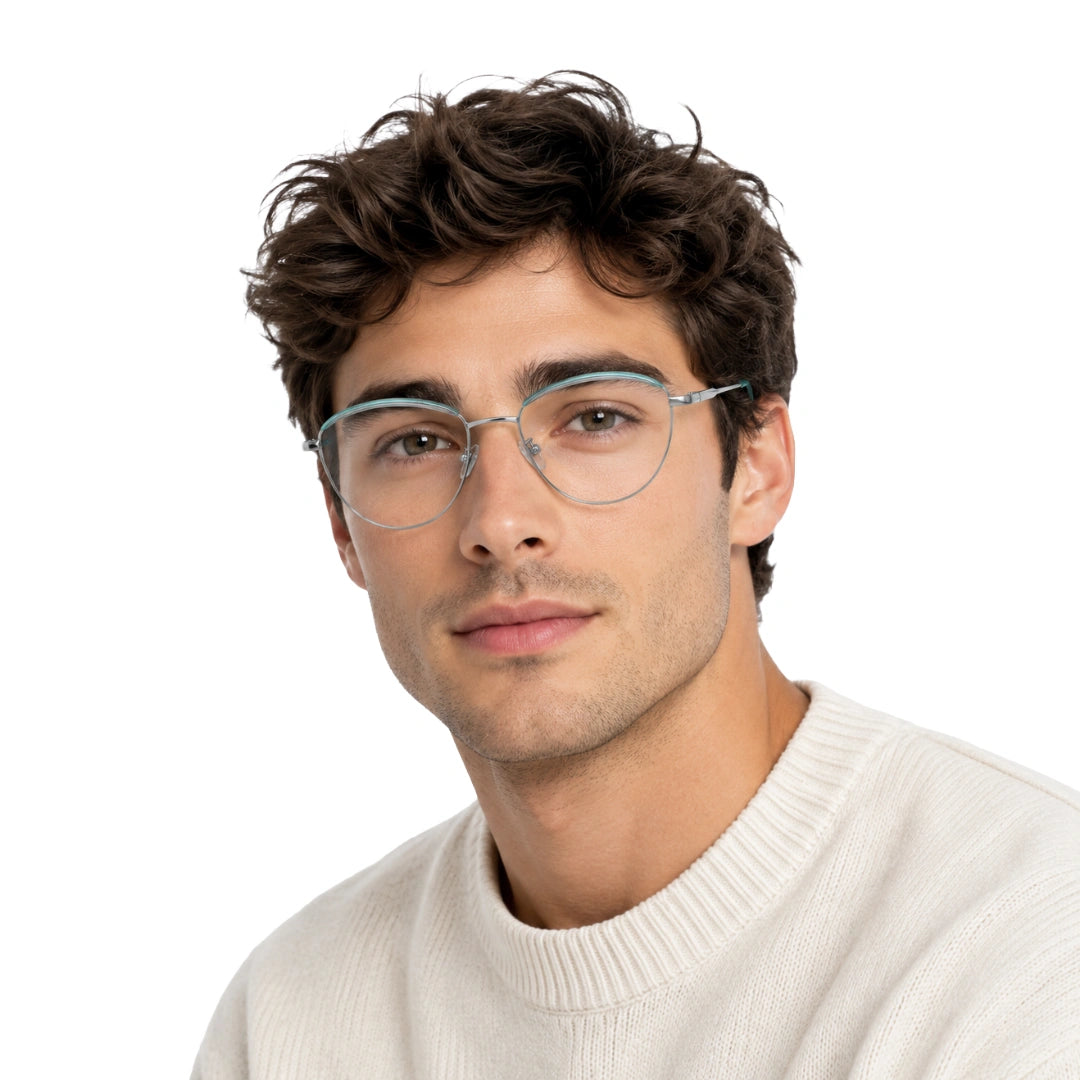 Man wearing College Fashion 66110 sculpted brow cat-eye optical frame in silver and sky blue, front view