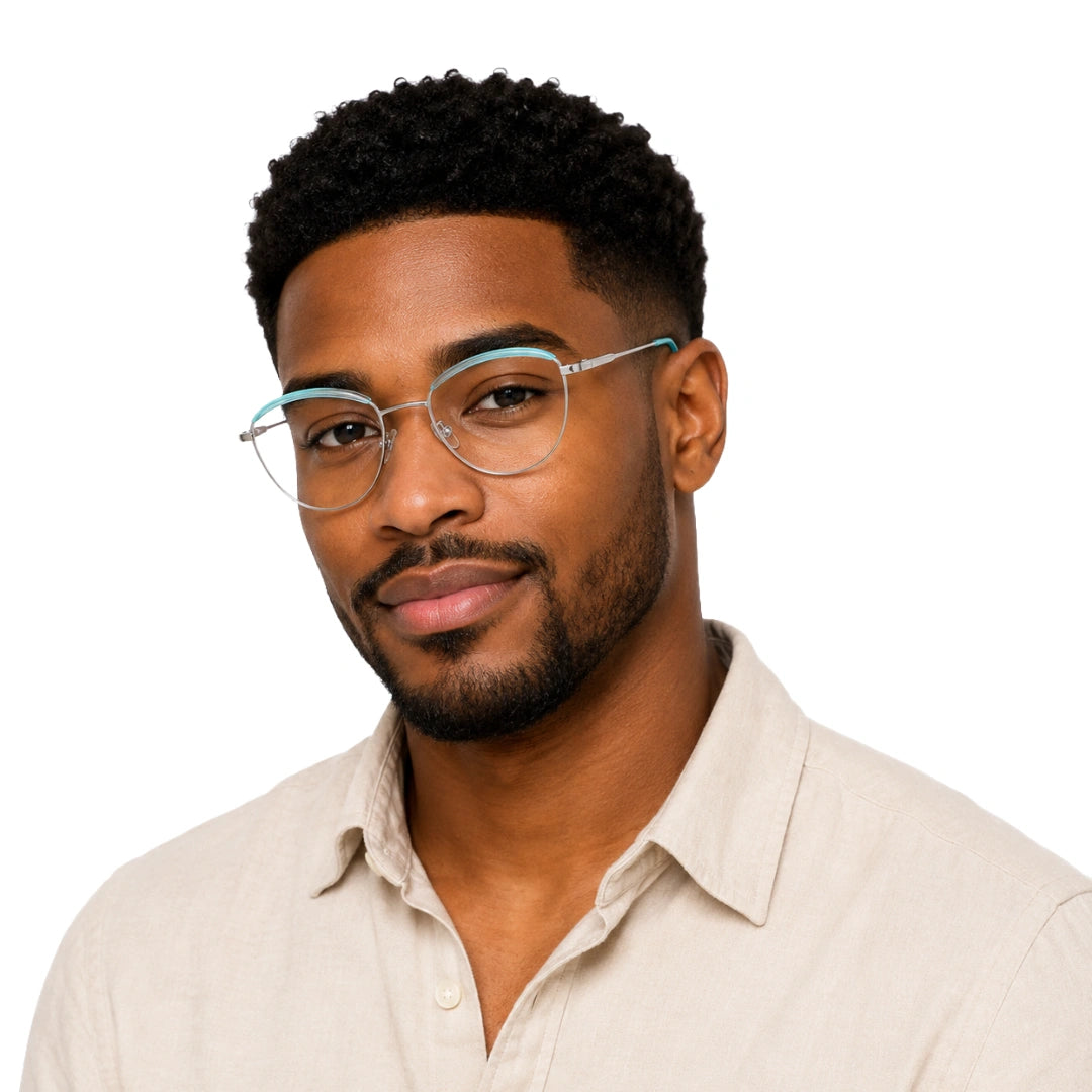 College Fashion 66110 sculpted brow cat-eye optical frame in silver and sky blue