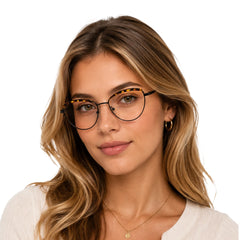 Woman wearing College Fashion 66110 sculpted brow cat-eye optical frame in tortoise shell