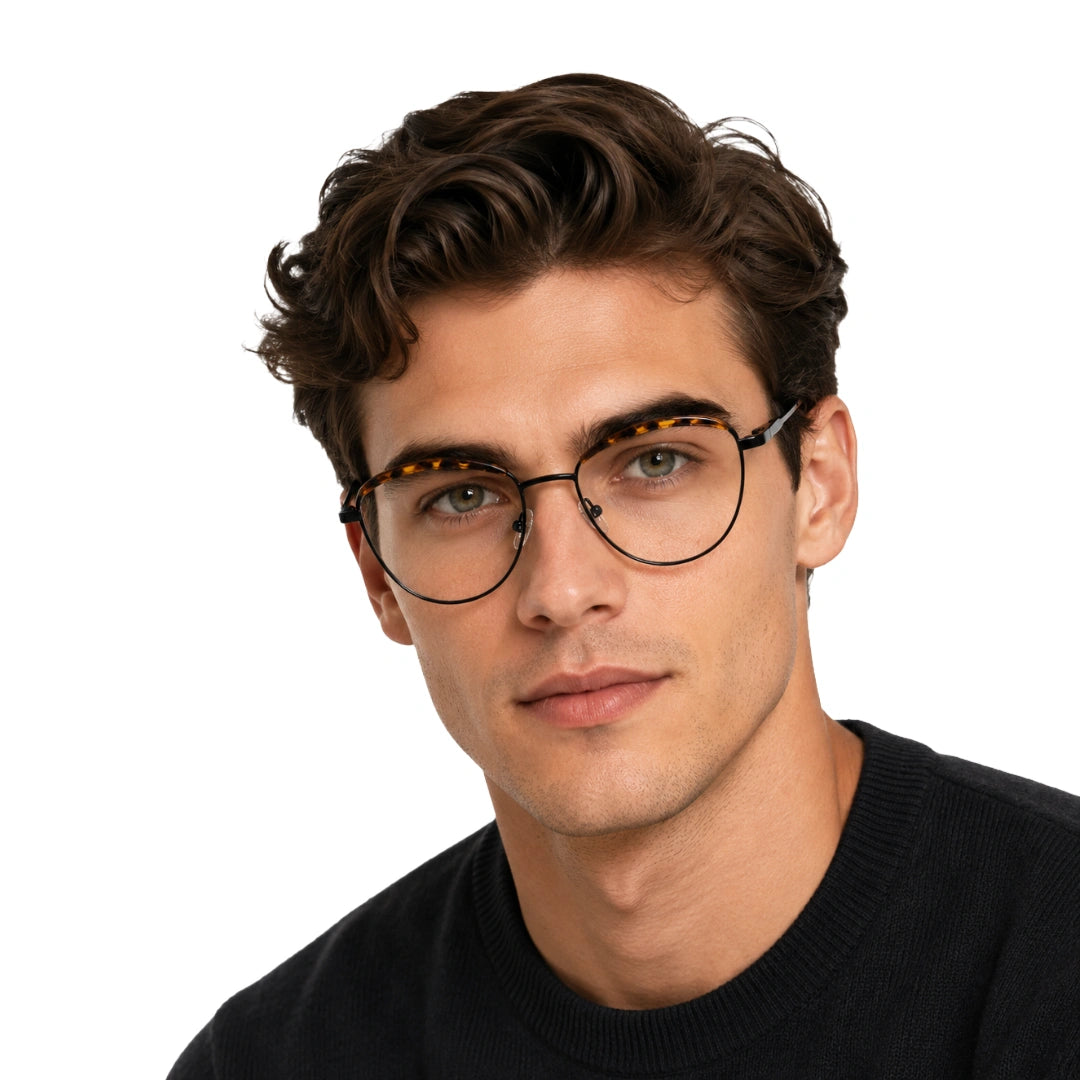Man wearing College Fashion 66110 sculpted brow cat-eye optical frame in tortoise shell