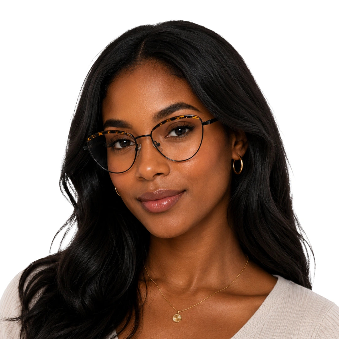Woman wearing College Fashion 66110 sculpted brow cat-eye optical frame in tortoise shell, front view