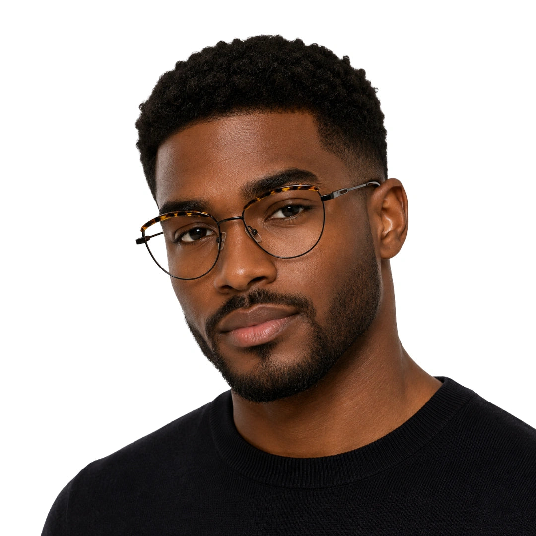 Man wearing College Fashion 66110 sculpted brow cat-eye optical frame in tortoise shell, front view