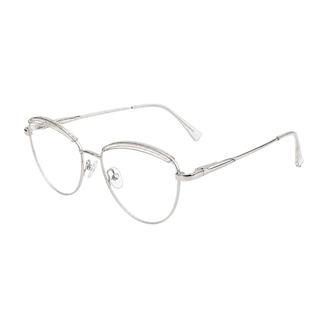 College Fashion 66110 sculpted brow cat-eye optical frame in transparent, three-quarter angled view