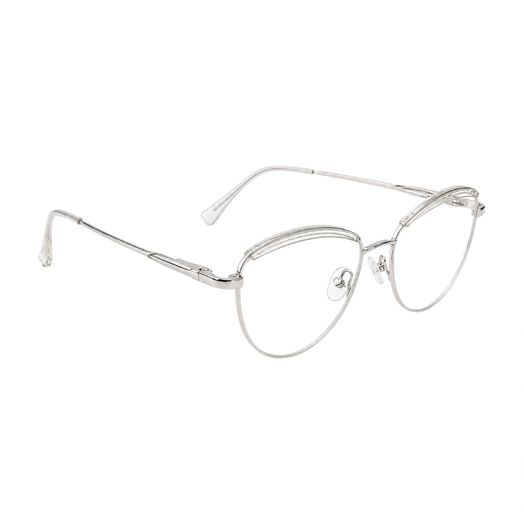 College Fashion 66110 sculpted brow cat-eye optical frame in transparent, angled view