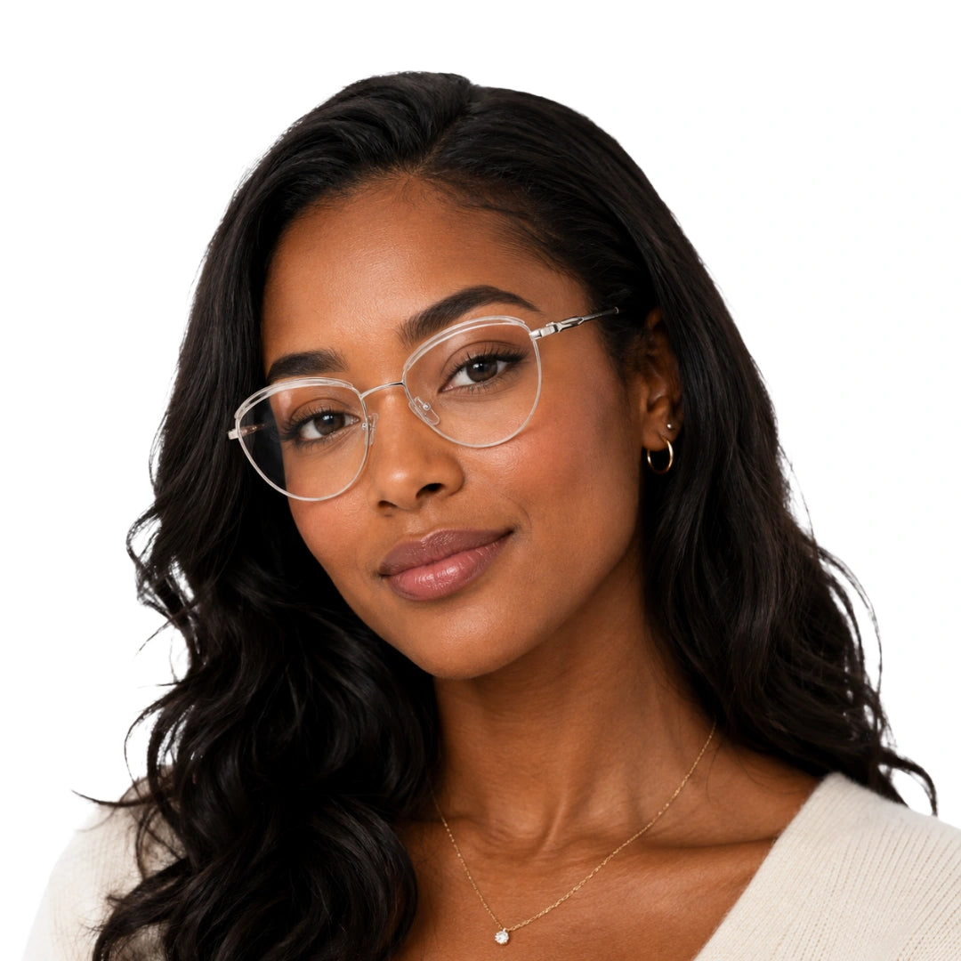 Woman wearing College Fashion 66110 sculpted brow cat-eye optical frame in transparent