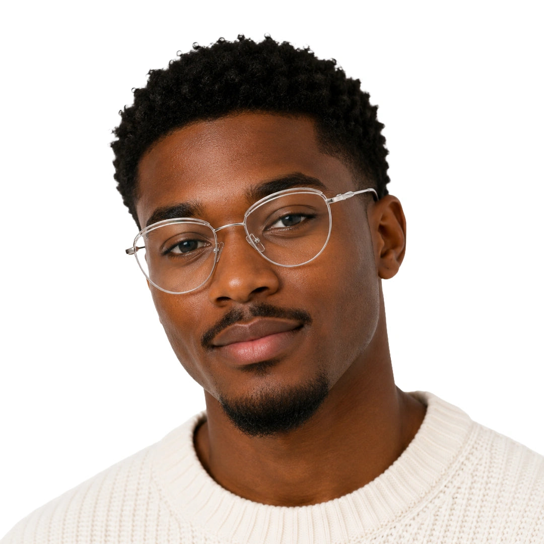 Man wearing College Fashion 66110 sculpted brow cat-eye optical frame in transparent