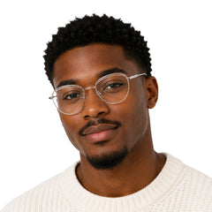 Man wearing College Fashion 66110 sculpted brow cat-eye optical frame in transparent
