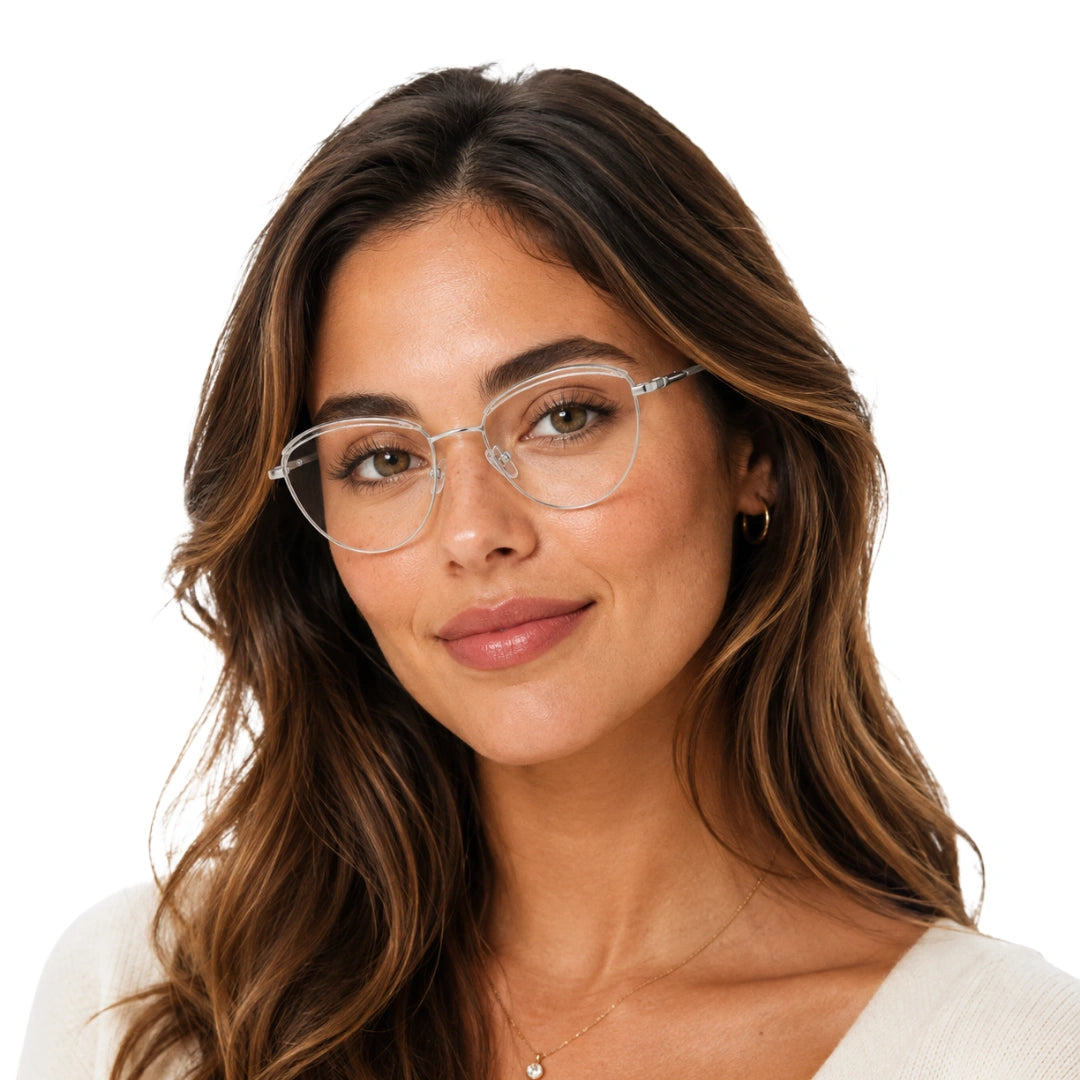 Woman wearing College Fashion 66110 sculpted brow cat-eye optical frame in transparent, front view
