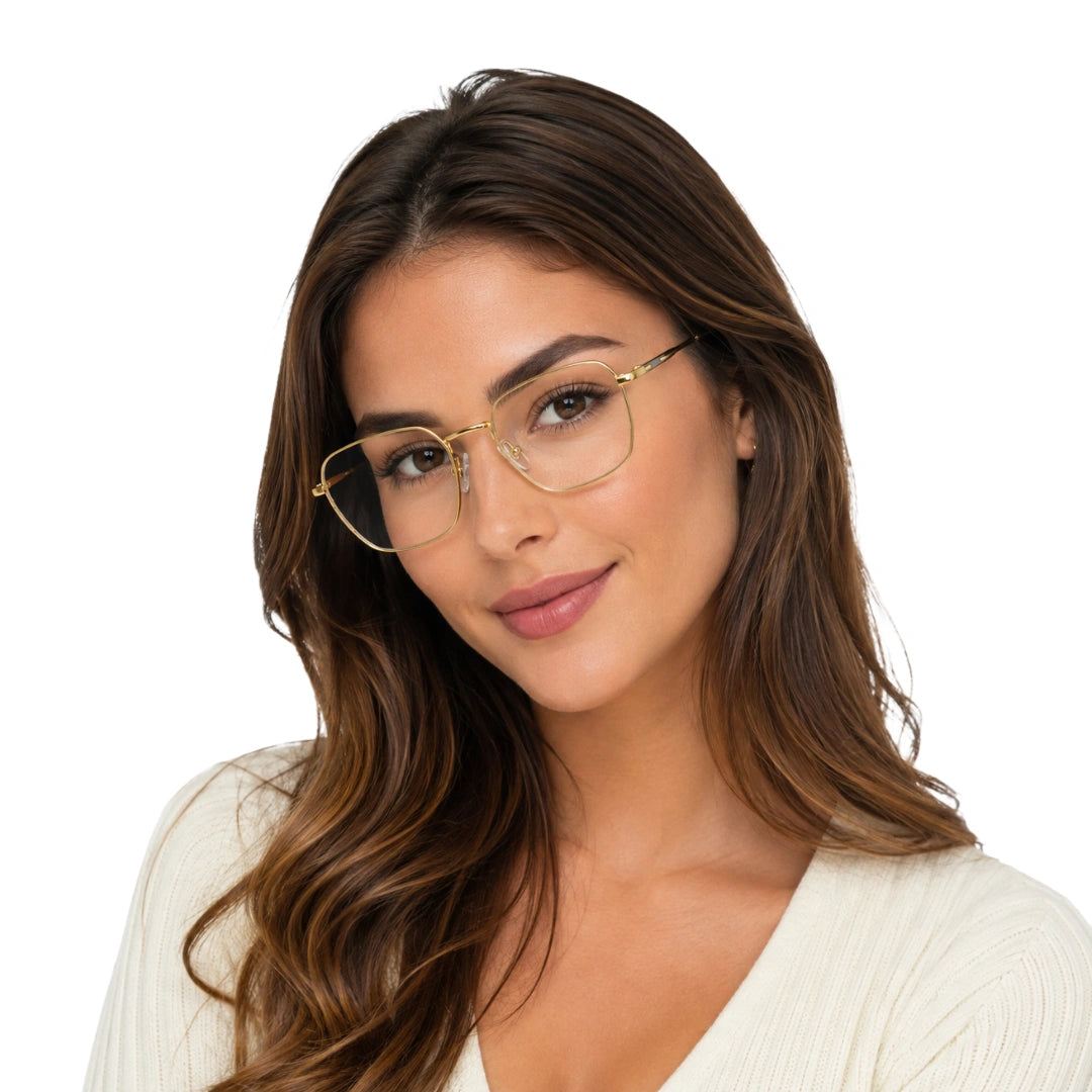 Woman wearing OS Fashion Style 22004 modern luxe square prescription eyeglasses in gold