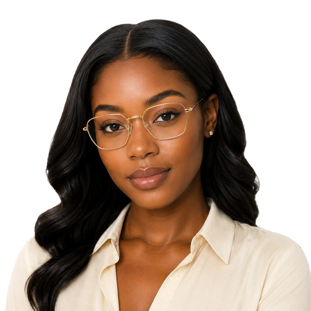 Woman wearing OS Fashion Style 22004 modern luxe square prescription eyeglasses in gold, front view