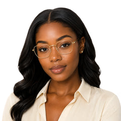 Woman wearing OS Fashion Style 22004 modern luxe square prescription eyeglasses in gold, front view