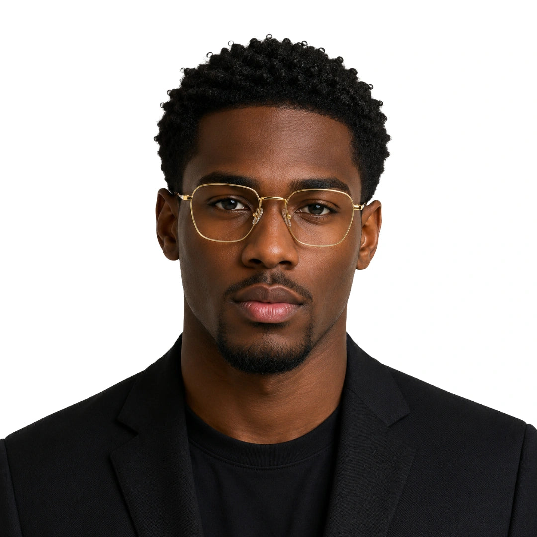 Man wearing OS Fashion Style 22004 modern luxe square prescription eyeglasses in gold, front view
