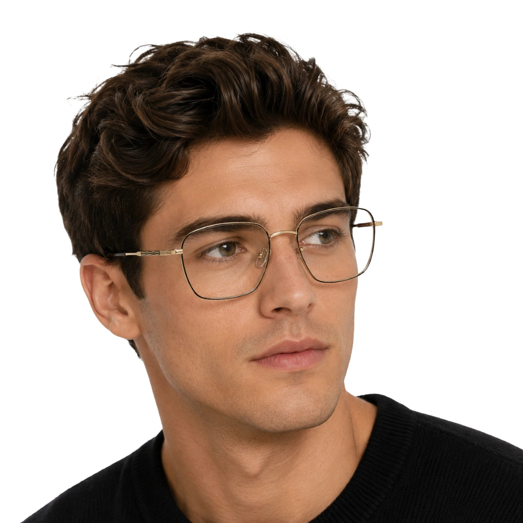 Man wearing OS Fashion Style 22006 full-rim square metal prescription frame in gold and brown, front view