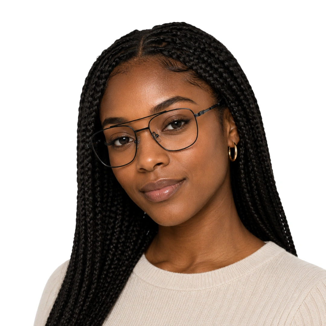 Woman wearing OS Fashion Style 22008 modern double bridge optical frame in black