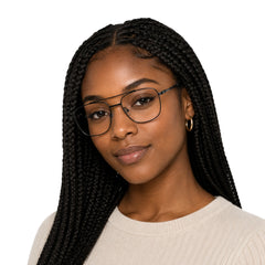 Woman wearing OS Fashion Style 22008 modern double bridge optical frame in black