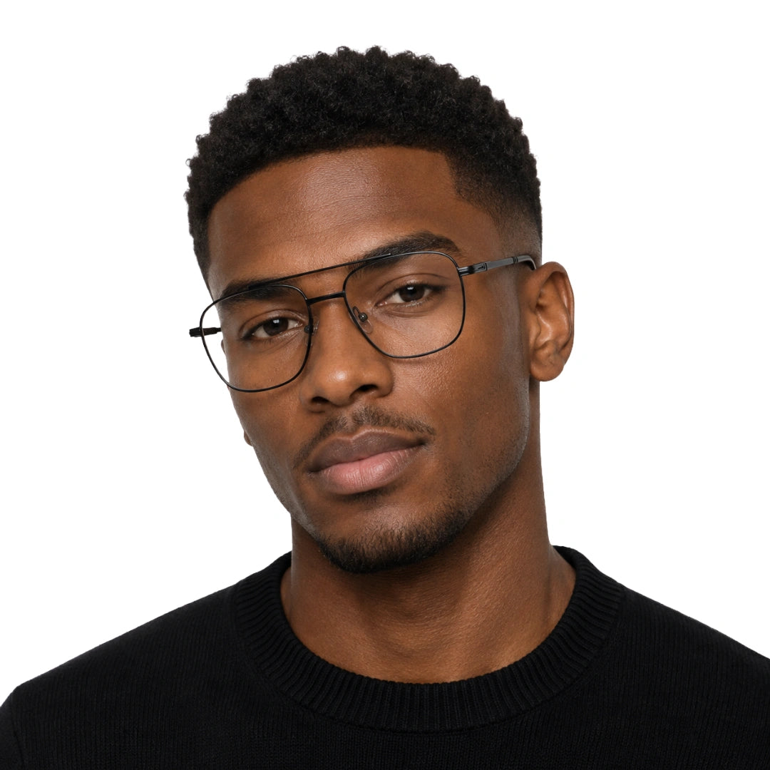 Man wearing OS Fashion Style 22008 modern double bridge optical frame in black