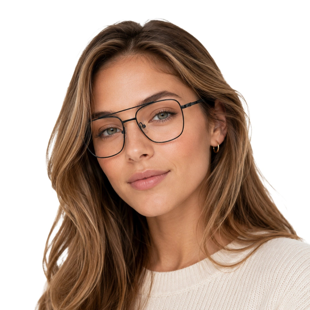 Woman wearing OS Fashion Style 22008 modern double bridge optical frame in black, front view
