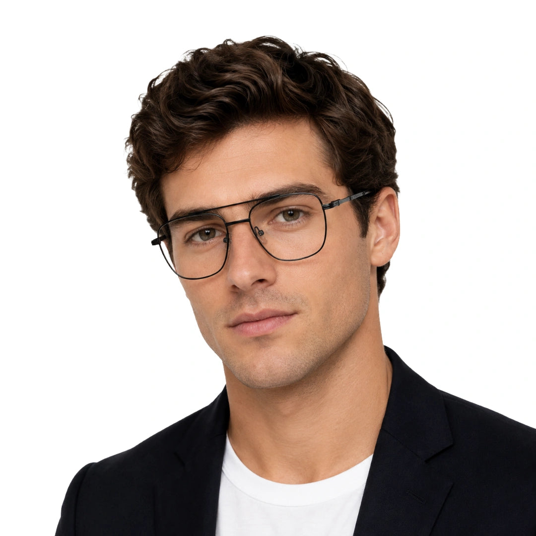 Man wearing OS Fashion Style 22008 modern double bridge optical frame in black, front view