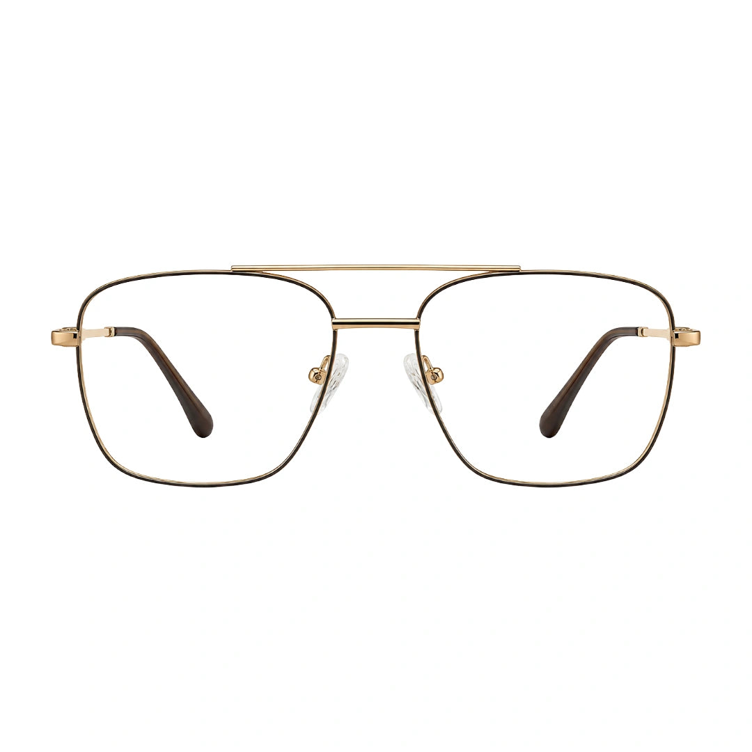 OS Fashion Style 22008 modern double bridge optical frame in brown and gold, front view