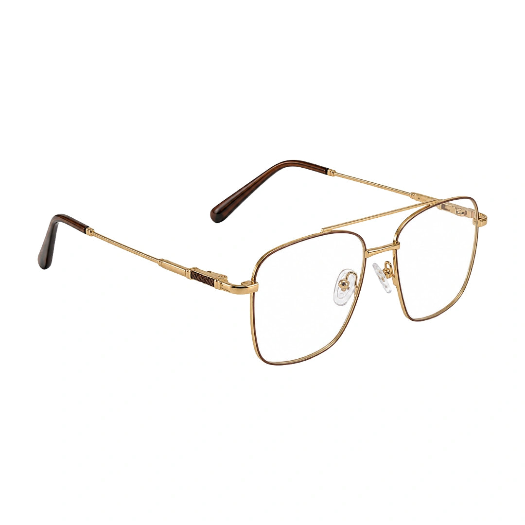 OS Fashion Style 22008 modern double bridge optical frame in brown and gold, angled view