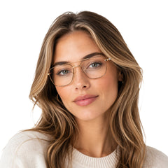 Woman wearing OS Fashion Style 22008 modern double bridge optical frame in brown and gold